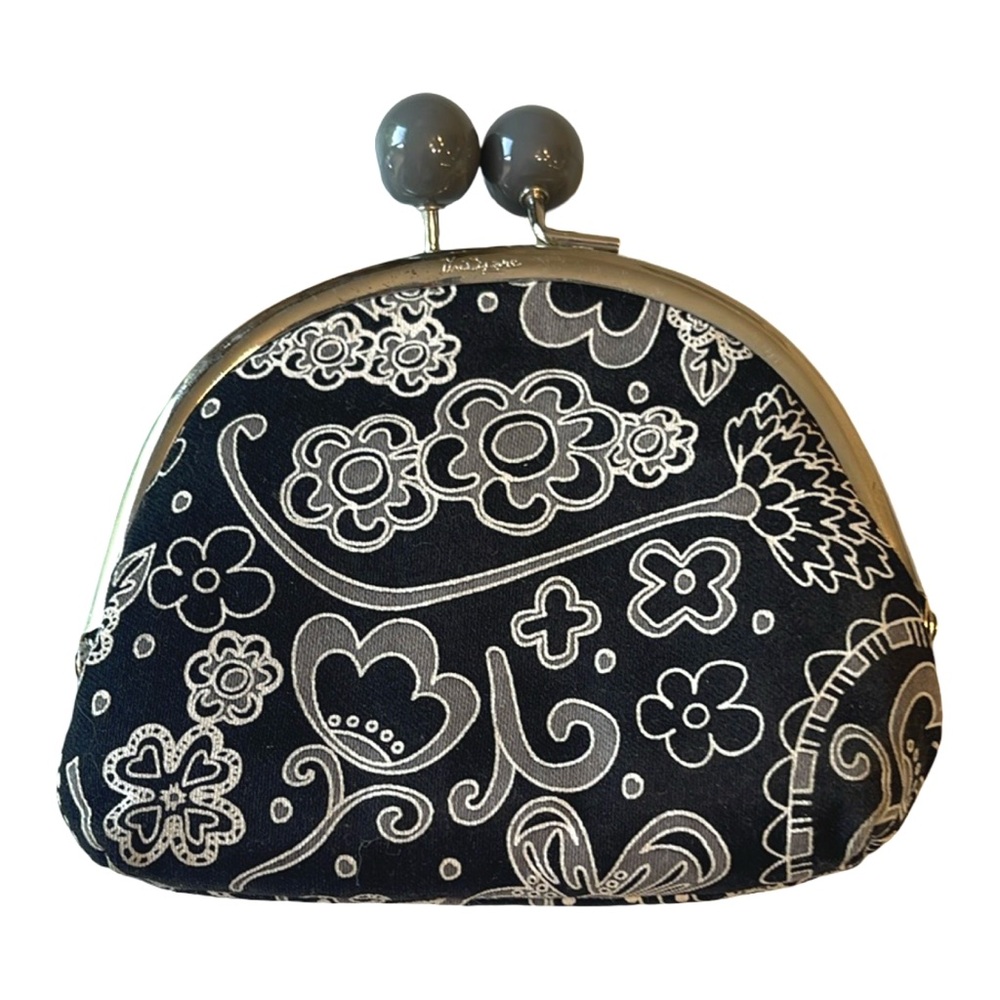 Thirty-One Black and Gray Kisslock Coin Purse with Elegant Floral Paisley Design